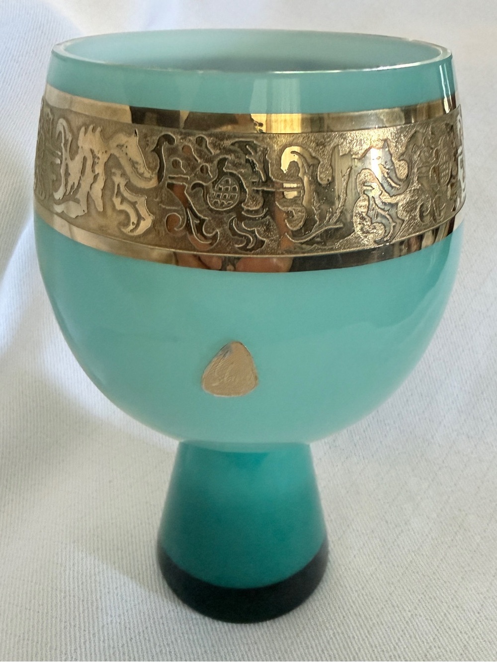 Vintage Stylo Spain Turquoise Cased Glass Chalice Goblet Vase 22K Gold 7”